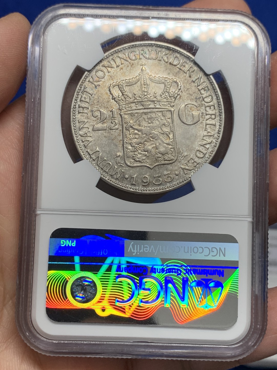 《竞宝斋》第150场-周日，周一，周四 3场 (全场包邮) NGC-AU58 荷兰 1933 2.5盾银币 威廉明娜女王