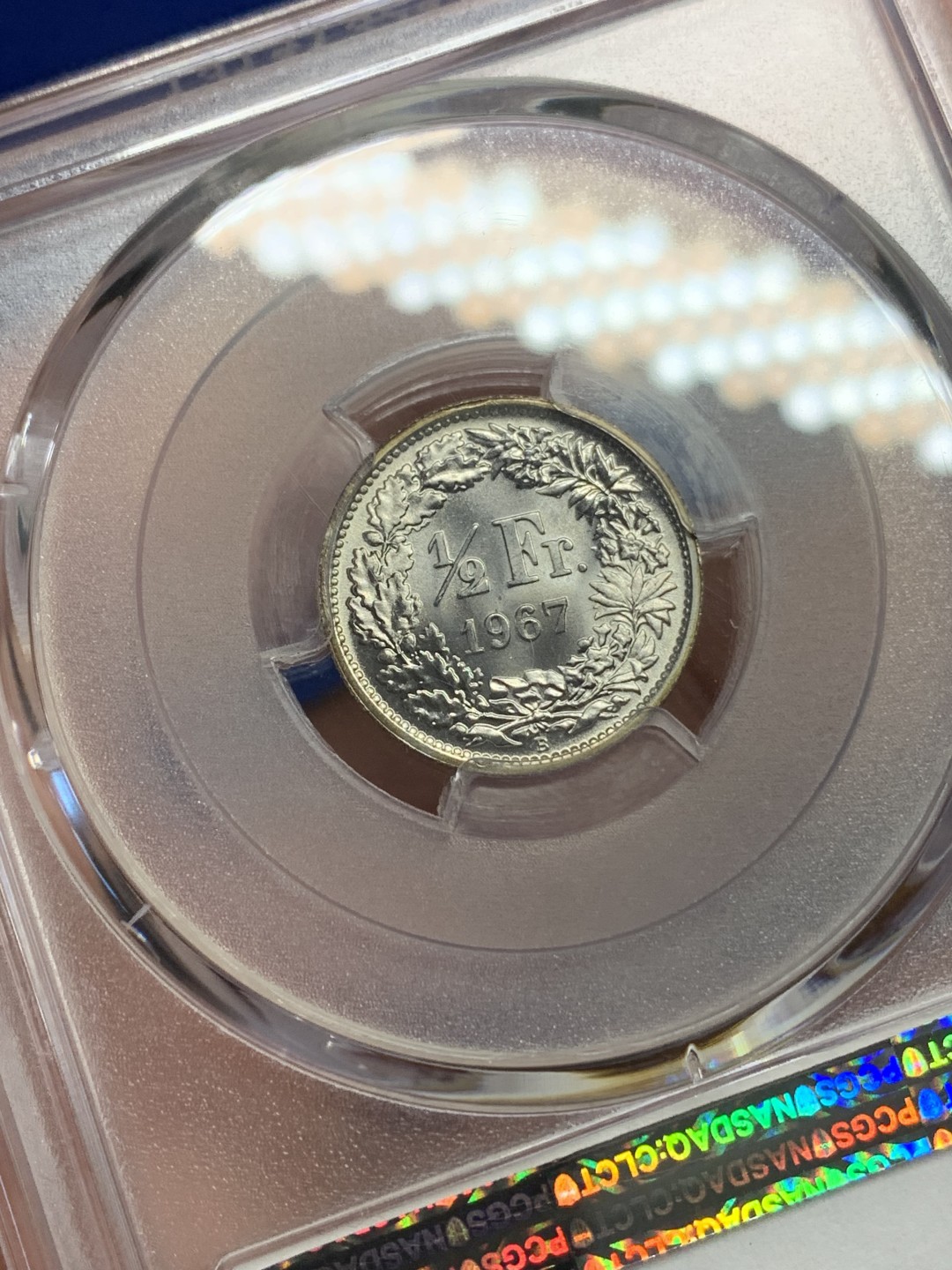 《竞宝斋》第150场-周日，周一，周四 3场 (全场包邮) PCGS MS68 1967年瑞士1/2法郎银币 极致分数 无敌品相 边缘黄油彩