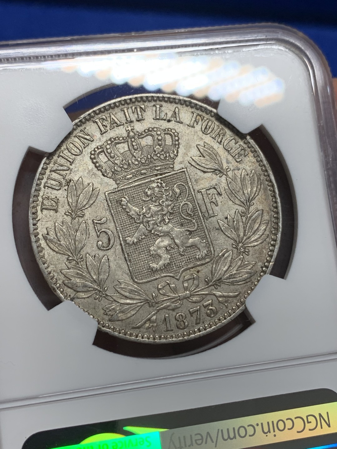 《竞宝斋》第150场-周日，周一，周四 3场 (全场包邮) NGC-AU58 比利时1873年 利奥波德二世 5法郎大银币 五彩包浆