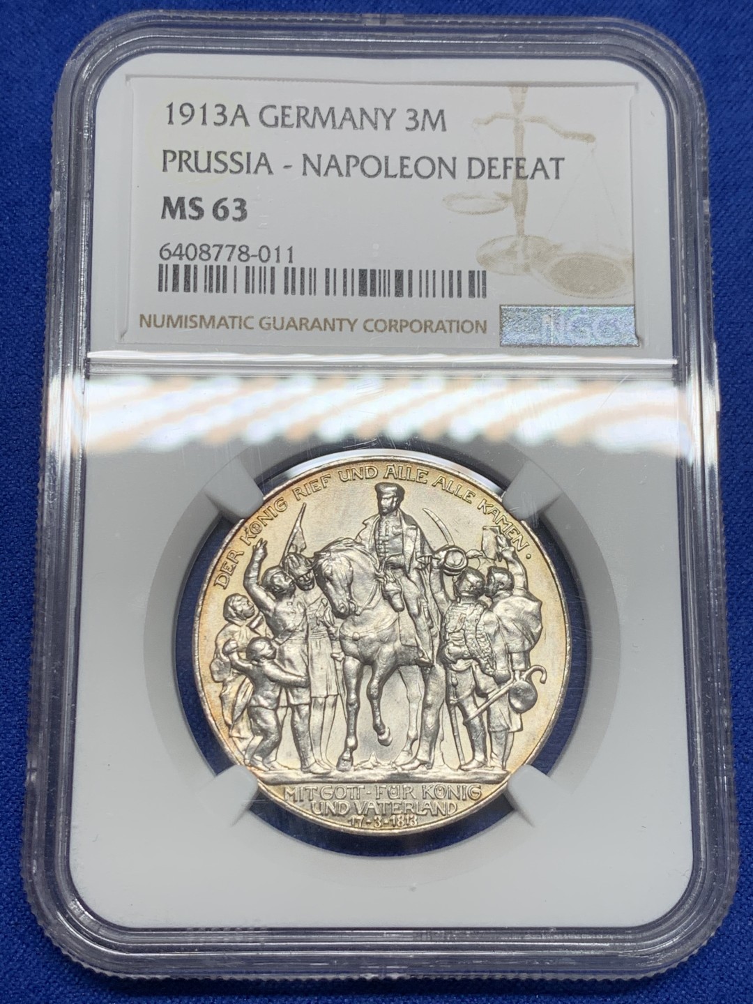 《竞宝斋》第150场-周日，周一，周四 3场 (全场包邮) NGC-MS63 德国1913年 普法战争纪念 3马克银币 顶级品相