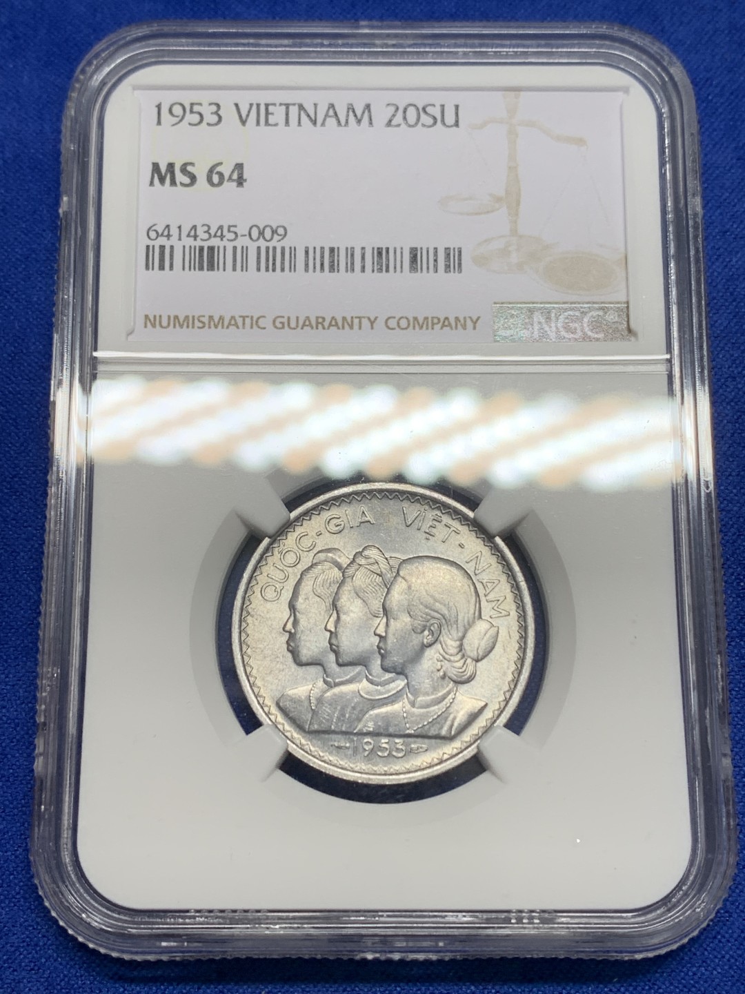 《竞宝斋》第150场-周日，周一，周四 3场 (全场包邮) NGC MS64 南越/越南 1953年20SU三姐妹铝币 暴光好品