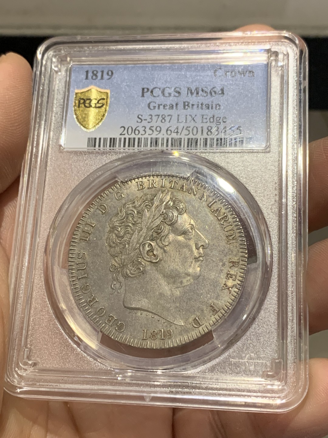 《竞宝斋》第150场-周日，周一，周四 3场 (全场包邮) PCGS-MS64 英国1819 LIX边铭乔治三世马剑克朗银币，带灰色包浆，整版整洁，细节完整