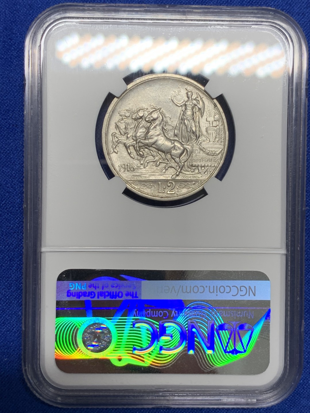 《竞宝斋》第150场-周日，周一，周四 3场 (全场包邮) NGC-MS63  意大利1916年2里拉马车银币 带车轮光 大热品种