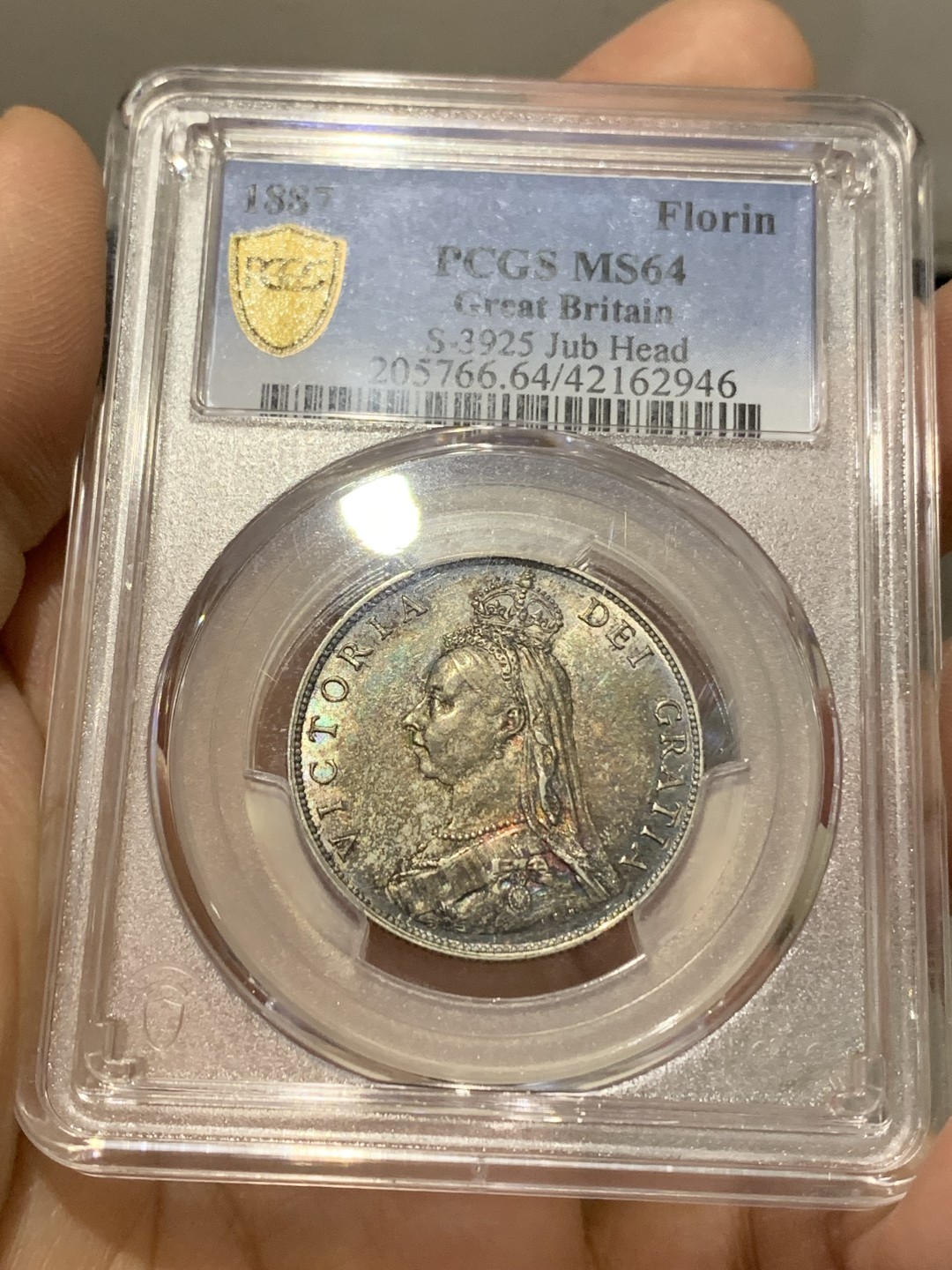 《竞宝斋》第150场-周日，周一，周四 3场 (全场包邮) PCGS MS64 英国 1887 维多利亚女王 1福林银币 炫彩包浆 地板好似星空 美丽