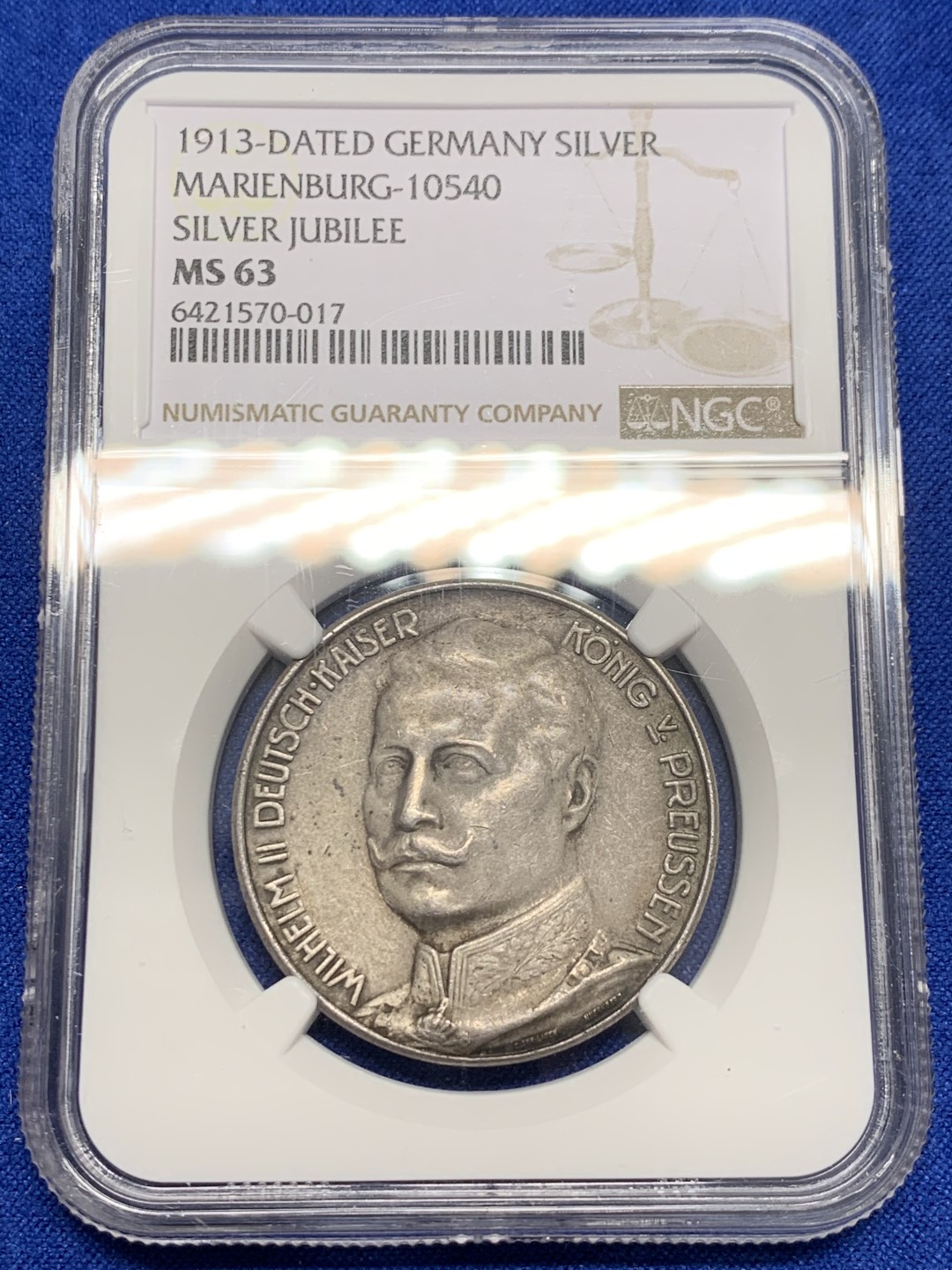 《竞宝斋》第150场-周日，周一，周四 3场 (全场包邮) NGC MS63 1913年德国普鲁士威廉二世结婚25周年纪念银章 背面天使生动形象