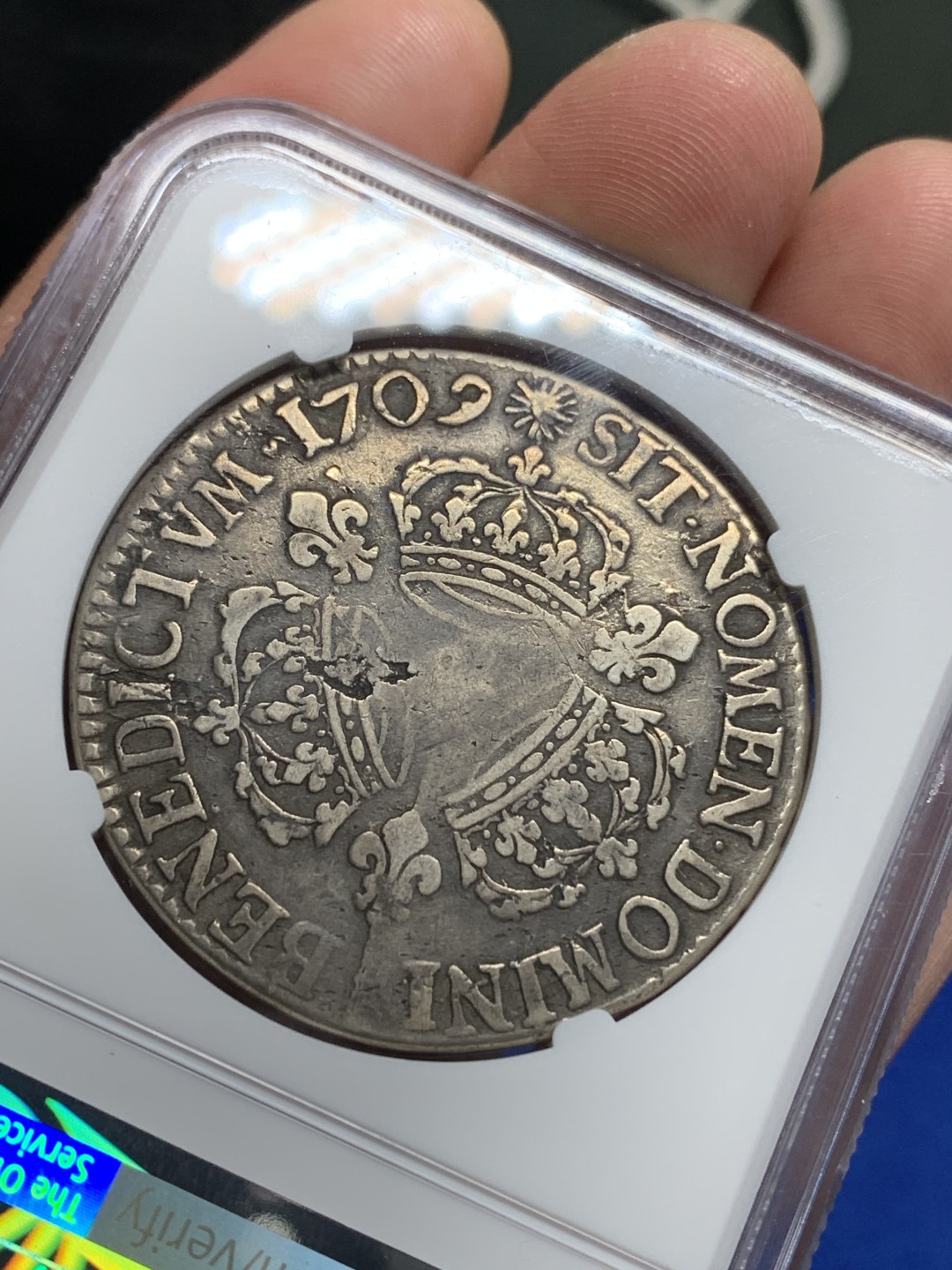 《竞宝斋》第150场-周日，周一，周四 3场 (全场包邮) 第二名 NGC-VF30 法国1709年 太阳神 背面三冠 ECU大银币