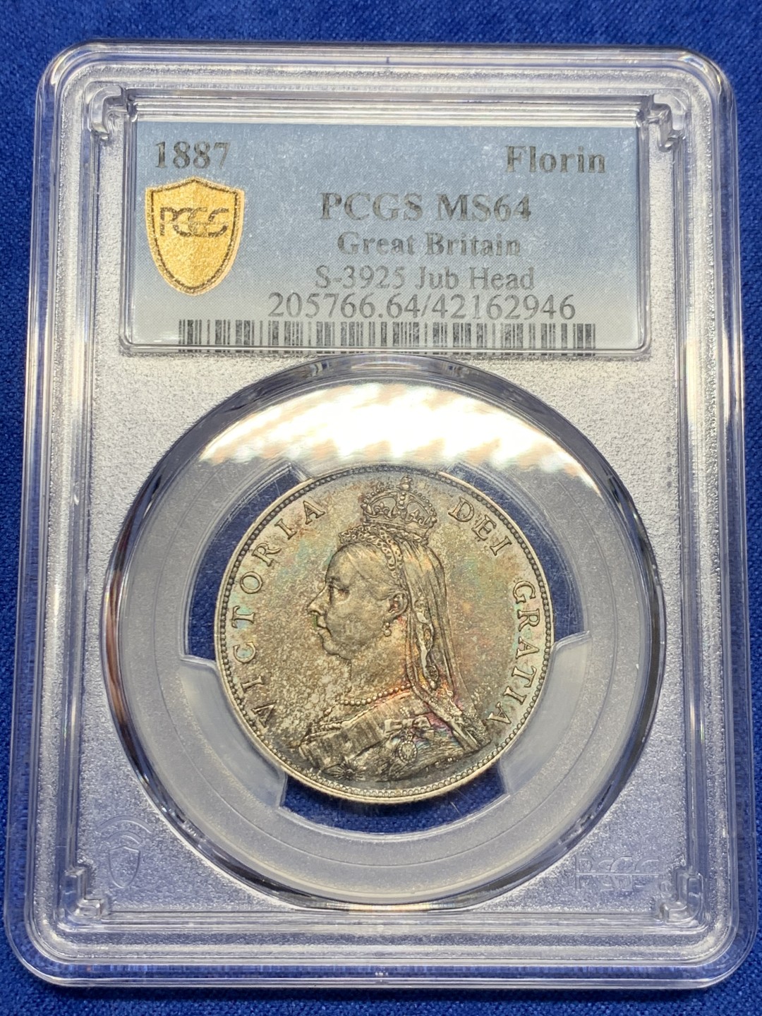 《竞宝斋》第150场-周日，周一，周四 3场 (全场包邮) PCGS MS64 英国 1887 维多利亚女王 1福林银币 炫彩包浆 地板好似星空 美丽