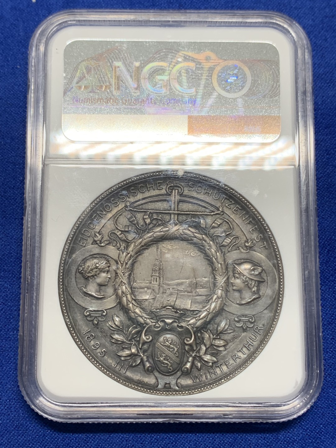 《竞宝斋》第150场-周日，周一，周四 3场 (全场包邮) NGC-MS62 瑞士 1895年 苏黎世女神拿花射击章 大银章