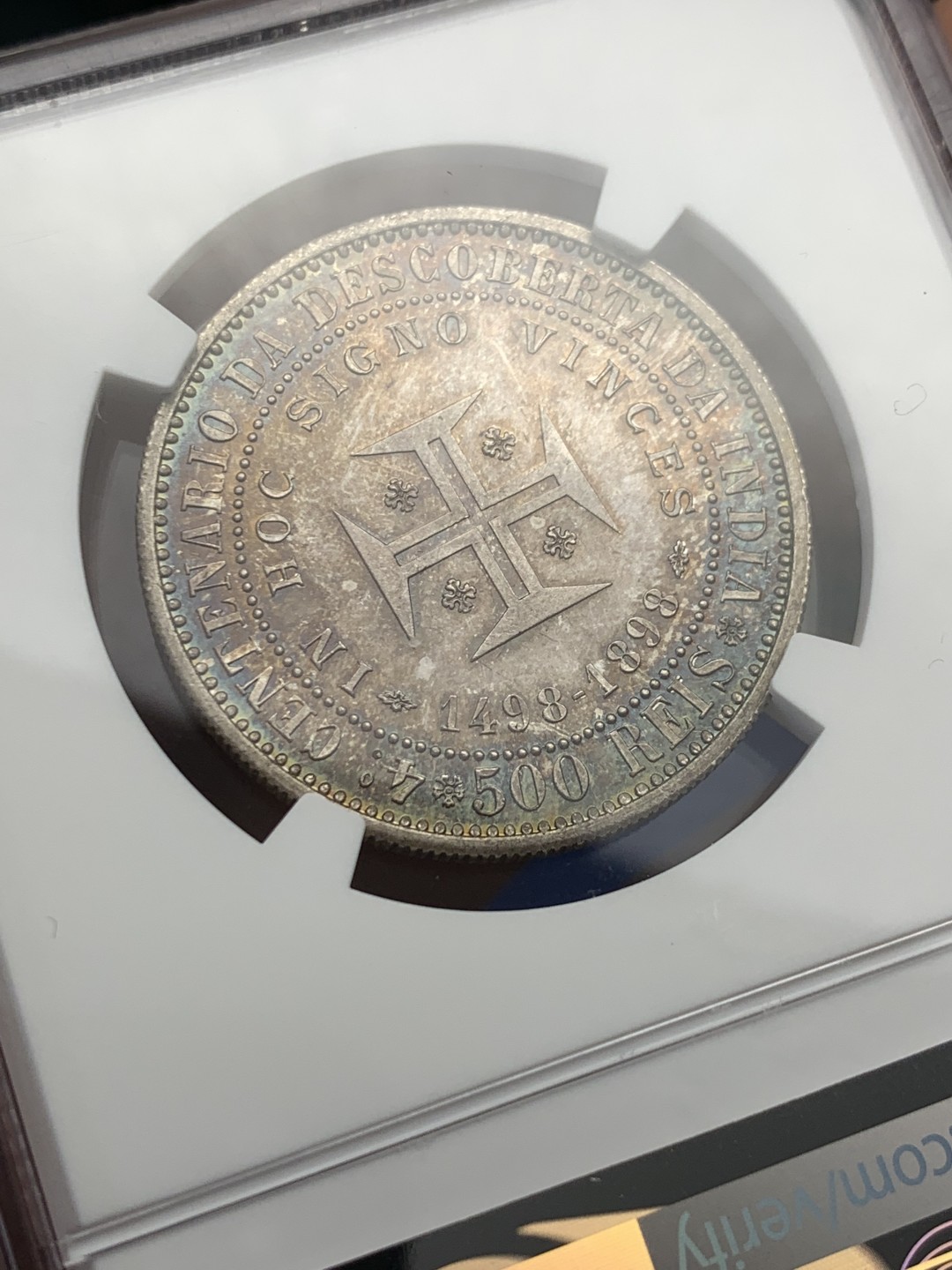 《竞宝斋》第150场-周日，周一，周四 3场 (全场包邮) NGC-MS63 葡萄牙1898年 发现印第安纪念 500瑞斯银币 顶级品相