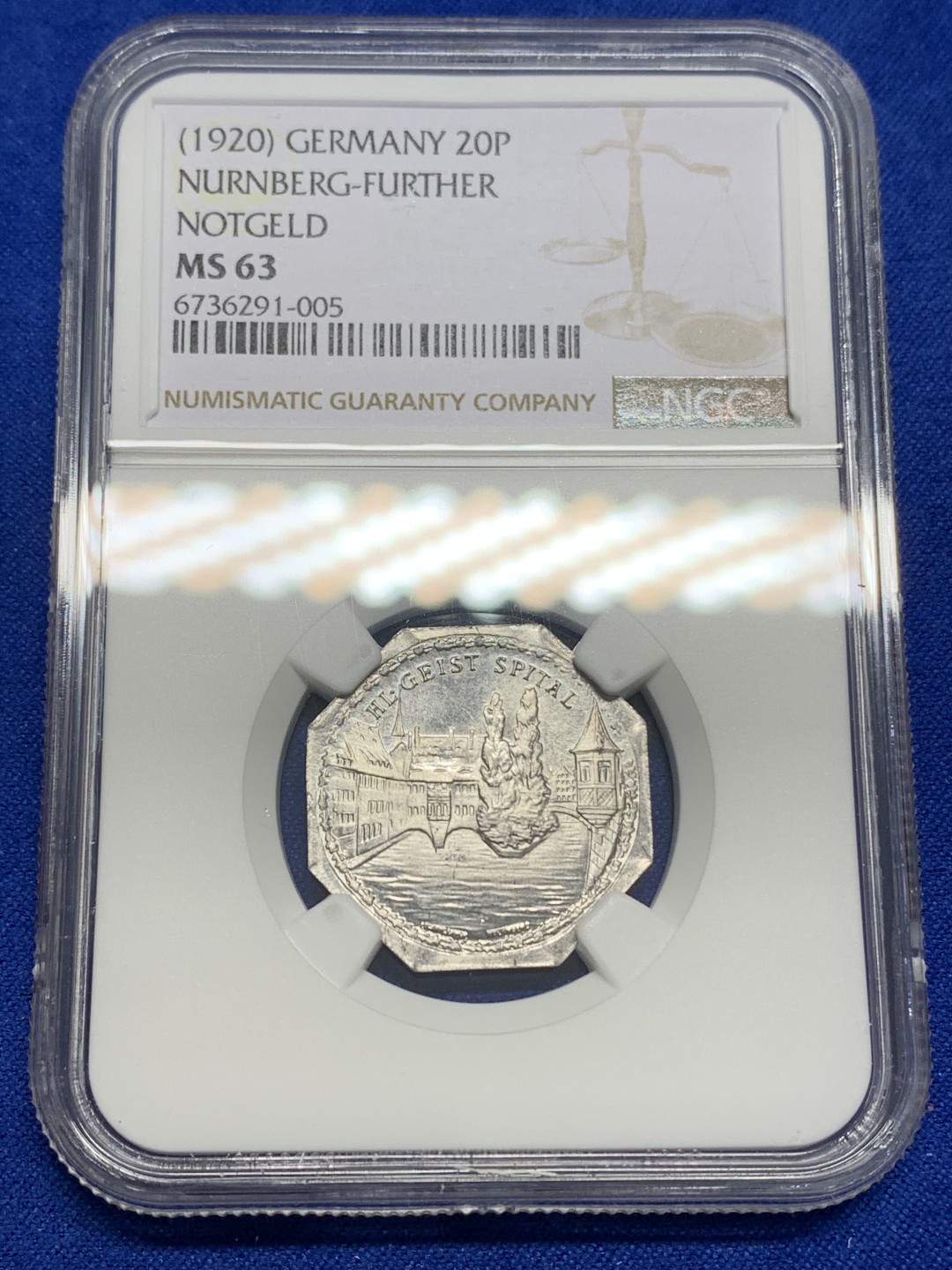 《竞宝斋》第150场-周日，周一，周四 3场 (全场包邮) NGC-MS63 德国紧急状态时期纽伦堡币 1920年 景观不错