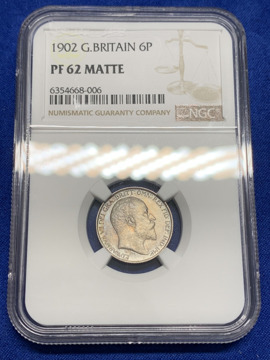 《竞宝斋》第150场-周日，周一，周四 3场 (全场包邮) NGC-PF62matte 1902年 爱德华七世 6便士 全品无伤，薄彩