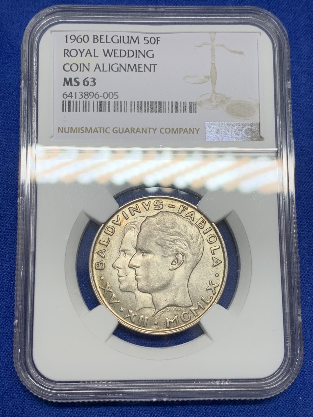 《竞宝斋》第150场-周日，周一，周四 3场 (全场包邮) NGC-MS63 比利时1960年 金婚纪念 50法郎银币