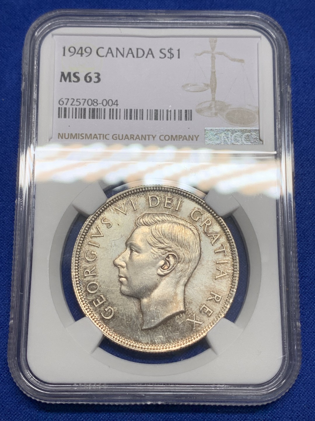 《竞宝斋》第150场-周日，周一，周四 3场 (全场包邮) NGC-MS63  加拿大1949 马太号帆船 1元大银币 镜面底板 五彩包浆