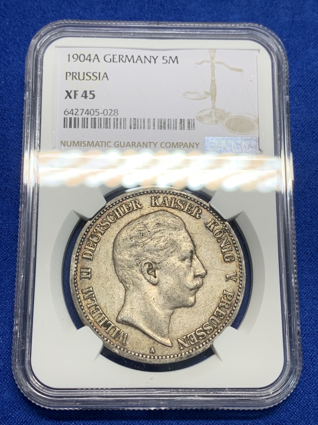 《竞宝斋》第150场-周日，周一，周四 3场 (全场包邮) NGC-XF45 德国普鲁士 1904年 威廉二世 5马克大银币 原味好品