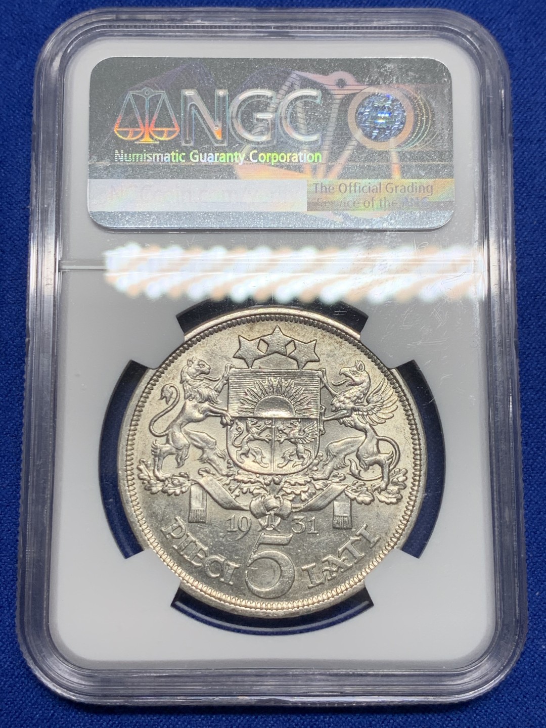 《竞宝斋》第150场-周日，周一，周四 3场 (全场包邮) NGC-MS62 拉脱维亚 1931年5拉特美女大银币 带点包浆 外拍热门品种 价格洼地