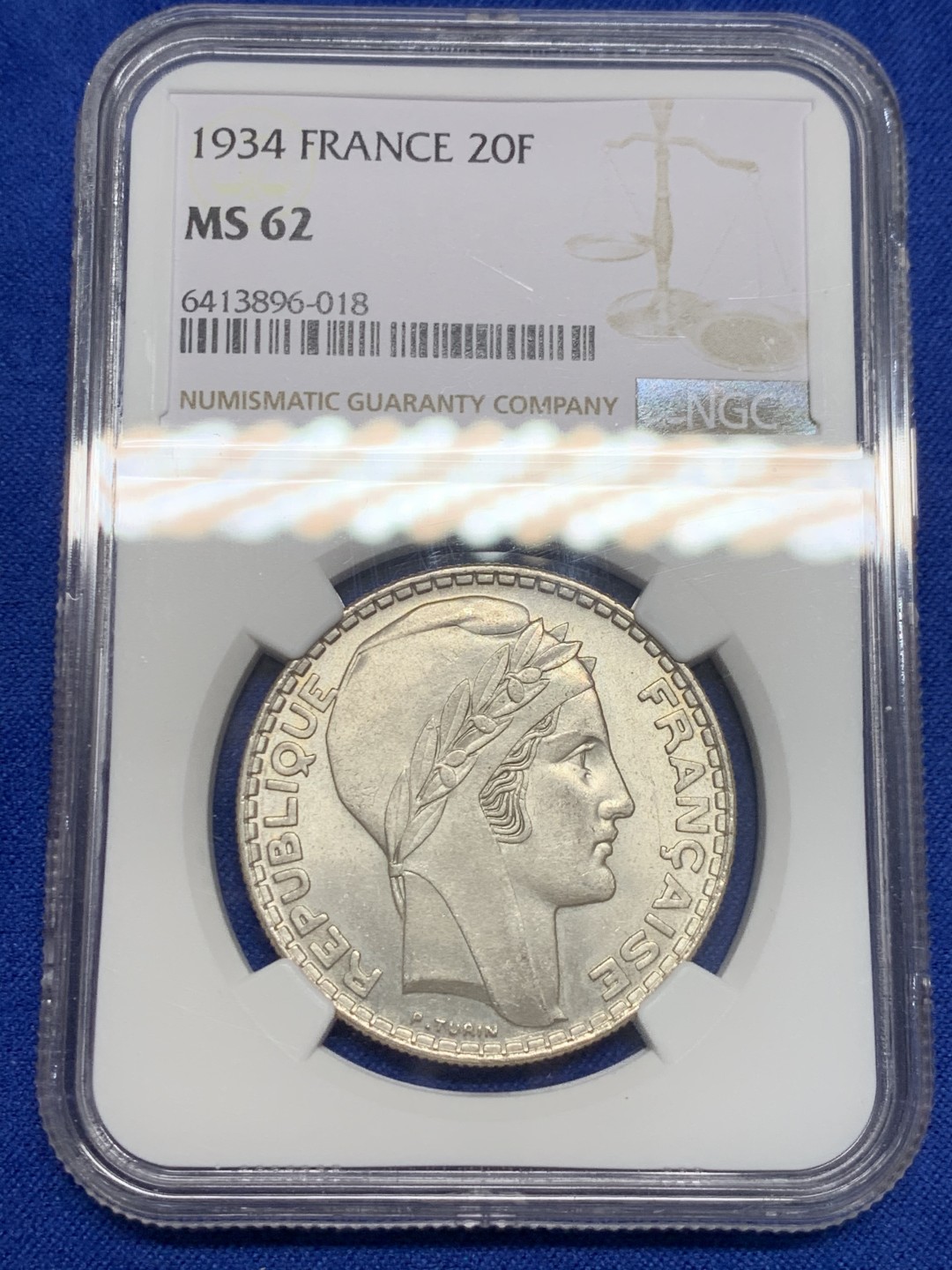 《竞宝斋》第150场-周日，周一，周四 3场 (全场包邮) NGC-MS62 法国1934年 谷物女神20法郎大银币 顶级好品