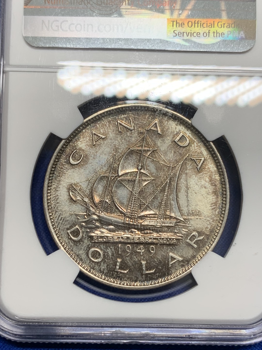 《竞宝斋》第150场-周日，周一，周四 3场 (全场包邮) NGC-MS63  加拿大1949 马太号帆船 1元大银币 镜面底板 五彩包浆