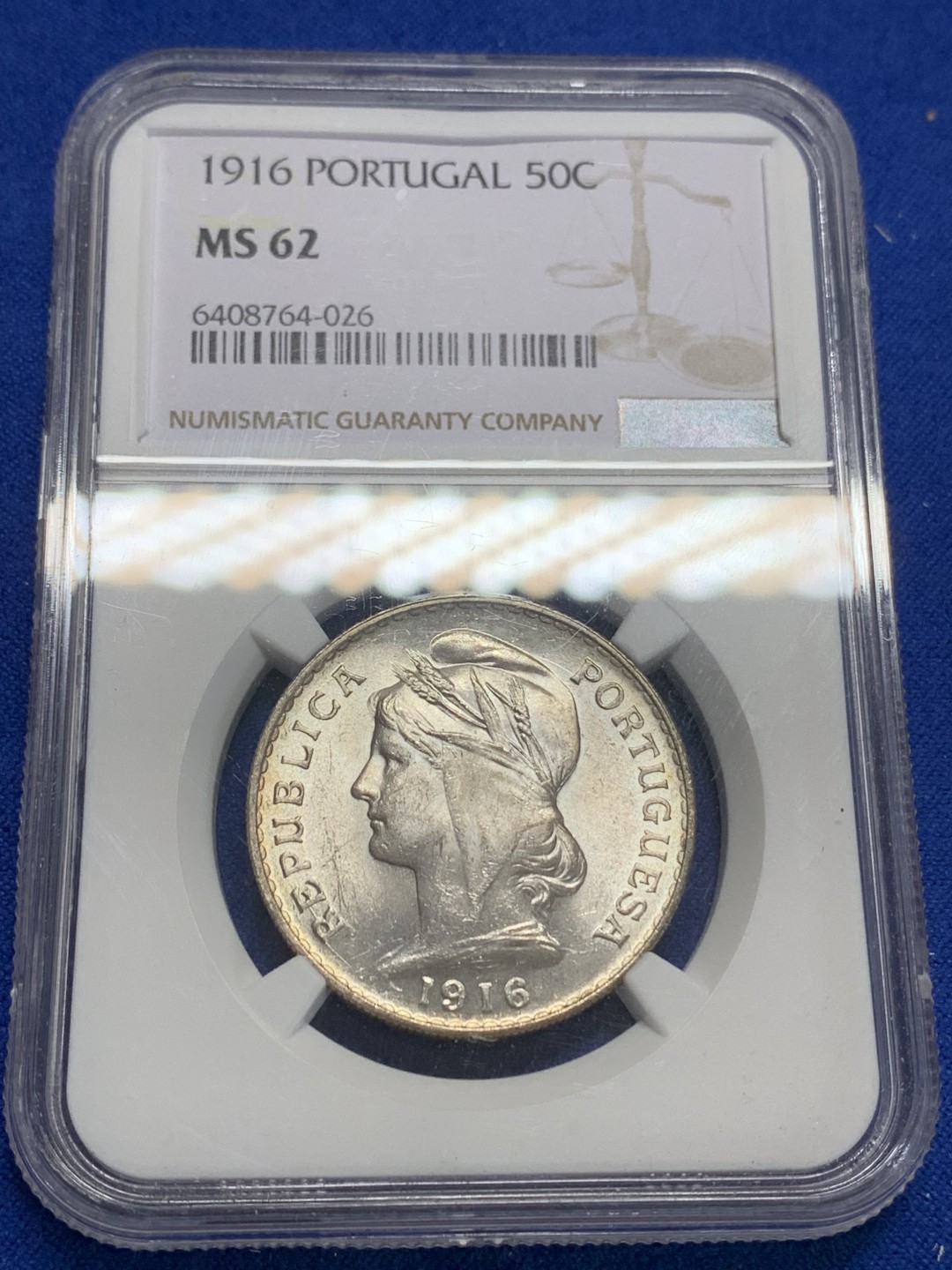 《竞宝斋》第150场-周日，周一，周四 3场 (全场包邮) NGC-MS62 葡萄牙1916年 自由女神50分银币 顶级好品