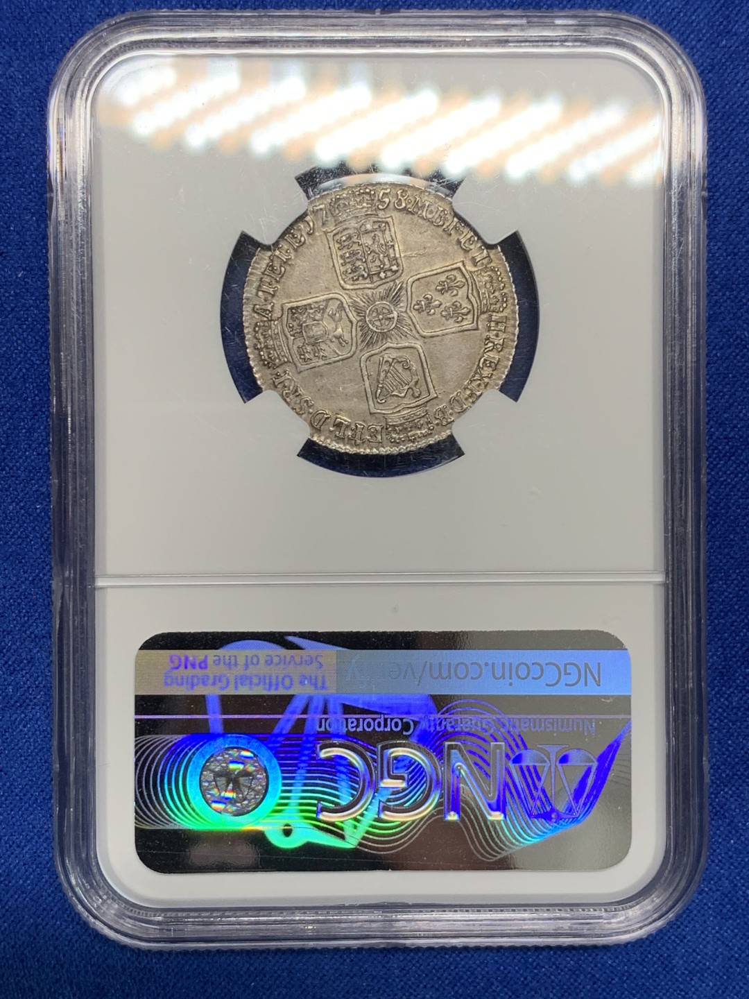 《竞宝斋》第150场-周日，周一，周四 3场 (全场包邮) NGC-AU58 1758年 英国 乔治二世1先令 汉诺威王朝早期品种。老欧洲包浆，全深打，压印完美