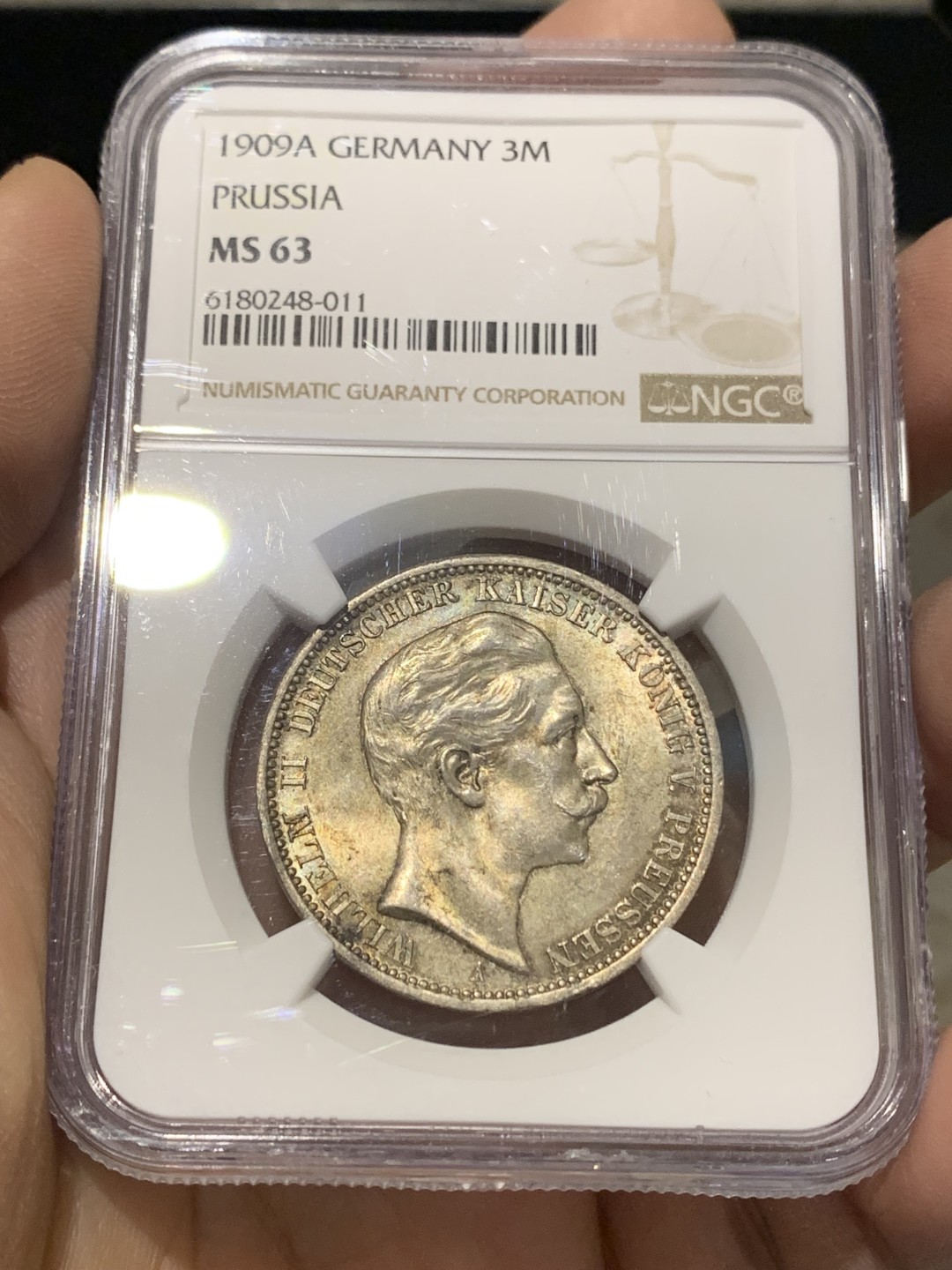 《竞宝斋》第150场-周日，周一，周四 3场 (全场包邮) NGC-MS63 德国 1909年 普鲁士威廉二世3马克银币，大头版。流通充分的版本 纸袋包浆 光度喜人