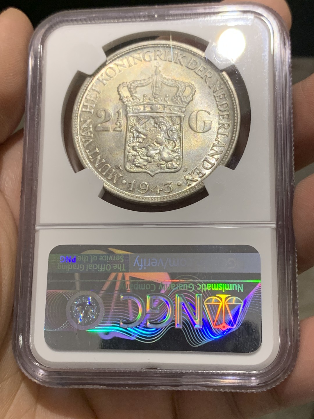 《竞宝斋》第150场-周日，周一，周四 3场 (全场包邮) NGC-MS63 荷属东印度 1943年 威廉米娜女王 2.5大银币 殖民地系列