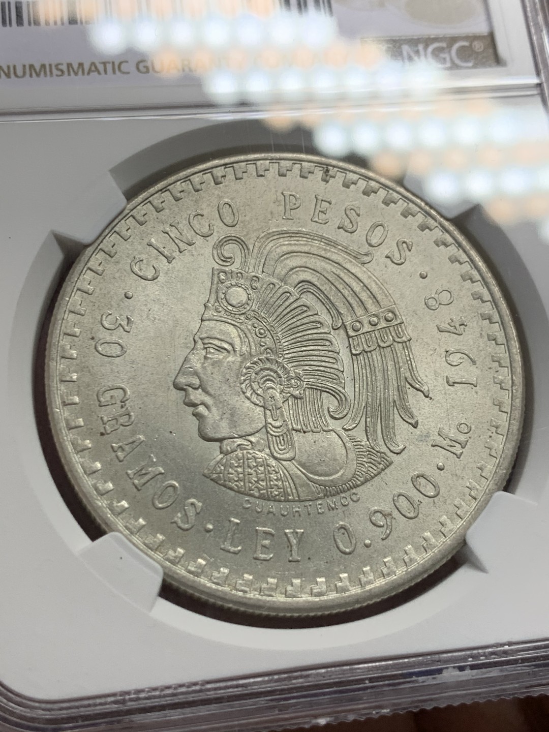 《竞宝斋》第150场-周日，周一，周四 3场 (全场包邮) NGC-MS63 墨西哥1948年 印第安人头像5比索大银币 原光好品