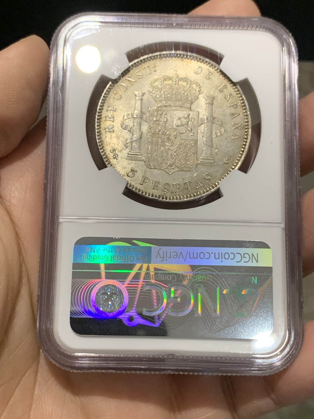 《竞宝斋》第150场-周日，周一，周四 3场 (全场包邮) NGC-MS62 西班牙1899年 阿方索十三世 5比塞塔双柱大银币 顶级品相 带光