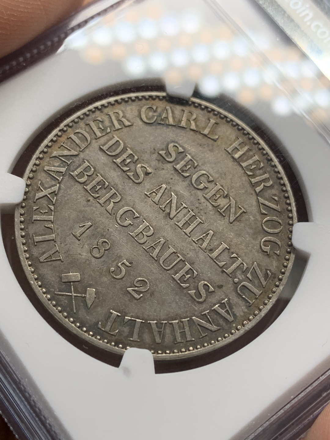 《竞宝斋》第150场-周日，周一，周四 3场 (全场包邮) NGC AU58 安哈特小熊爬墙泰勒 银币 1852最少年份，10000发行，早期直径大 重量重，比186X少见！五彩，细节无敌，熊身栩栩如生，炫技作品