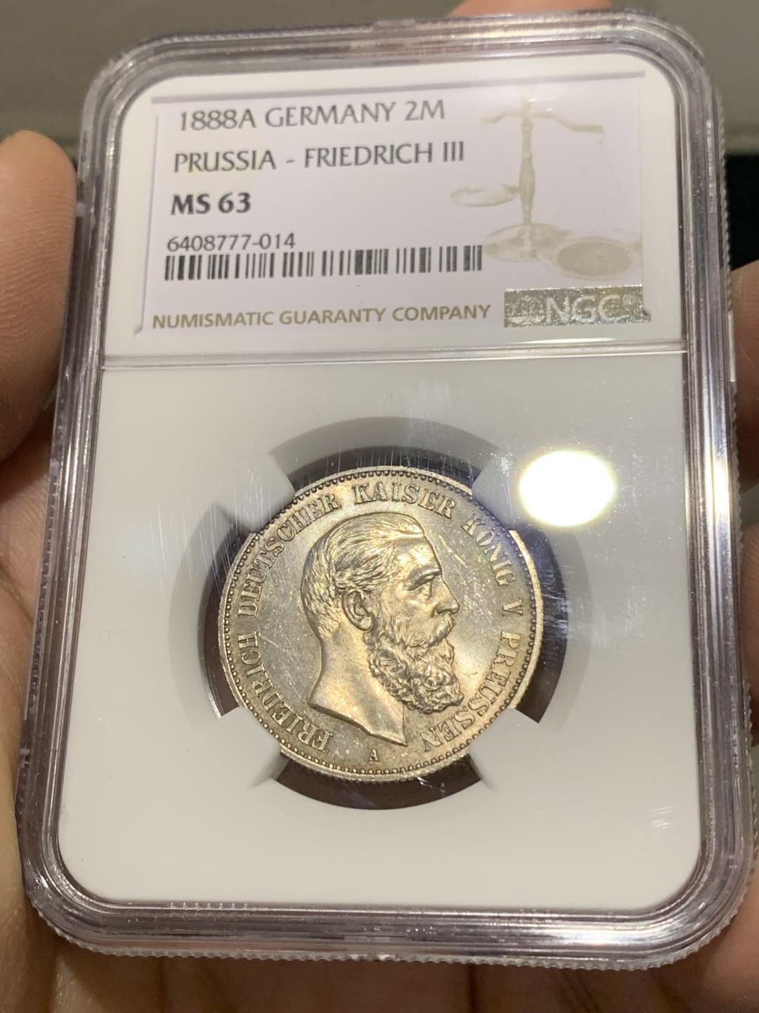 《竞宝斋》第150场-周日，周一，周四 3场 (全场包邮) NGC-MS63 德国1888年 三皇之年2马克银币 顶级品相 车轮转光