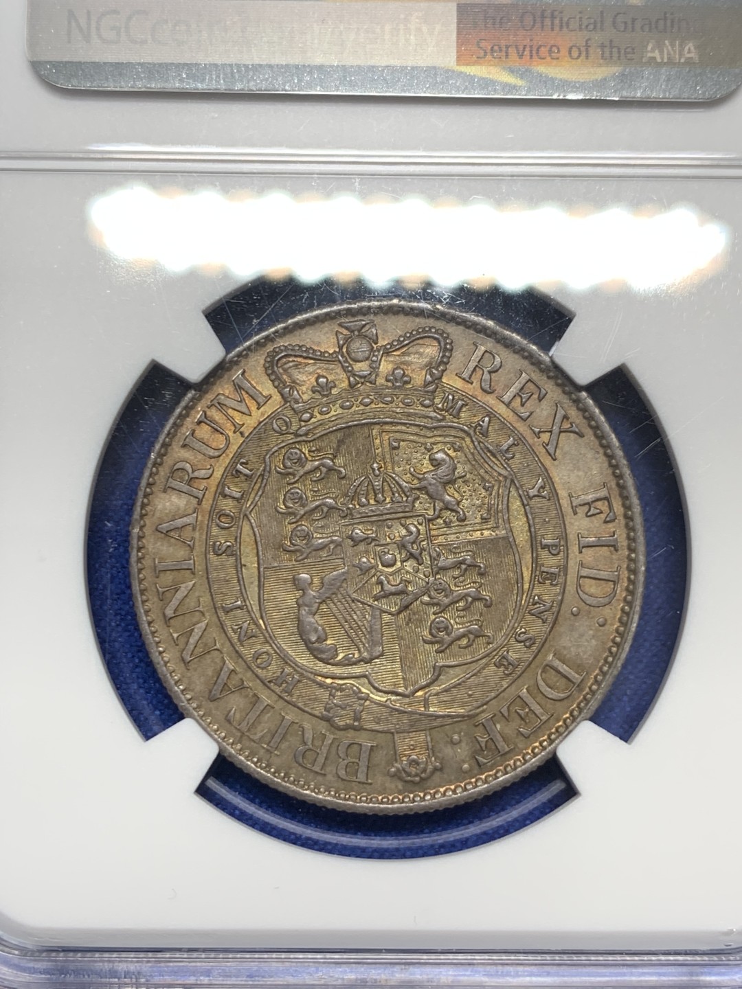 《竞宝斋》第150场-周日，周一，周四 3场 (全场包邮) NGC MS62 英国 1819 乔治三世半克朗 银币，小头版比牛头少，较少年份。英国CGS78分砸盒，不止62分状态，醇厚包浆，背面金彩