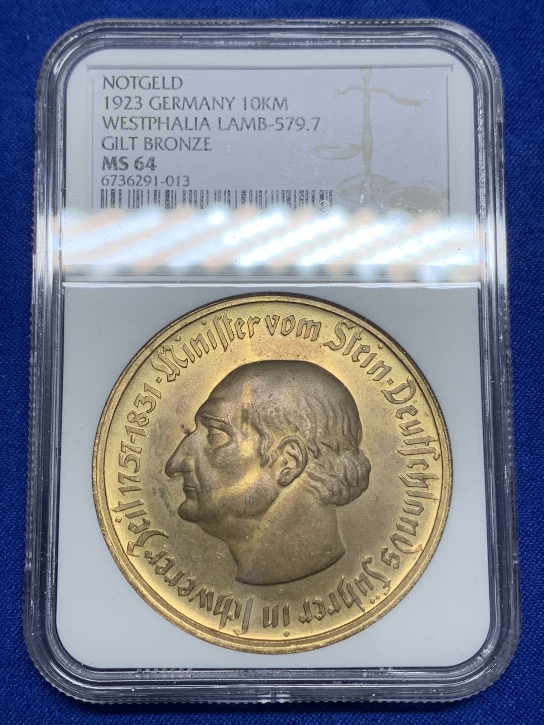 《竞宝斋》第150场-周日，周一，周四 3场 (全场包邮) NGC-MS64 德国紧急状态时期威斯特伐利亚大马币 1923年 10000马克 德紧币中的名誉品状态一流
