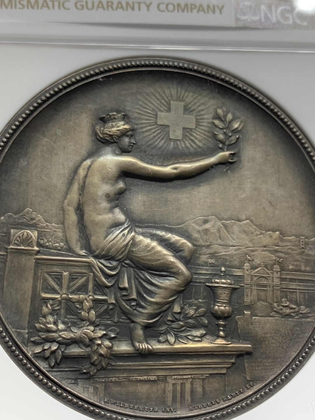 《竞宝斋》第150场-周日，周一，周四 3场 (全场包邮) NGC-MS62 瑞士 1895年 苏黎世女神拿花射击章 大银章