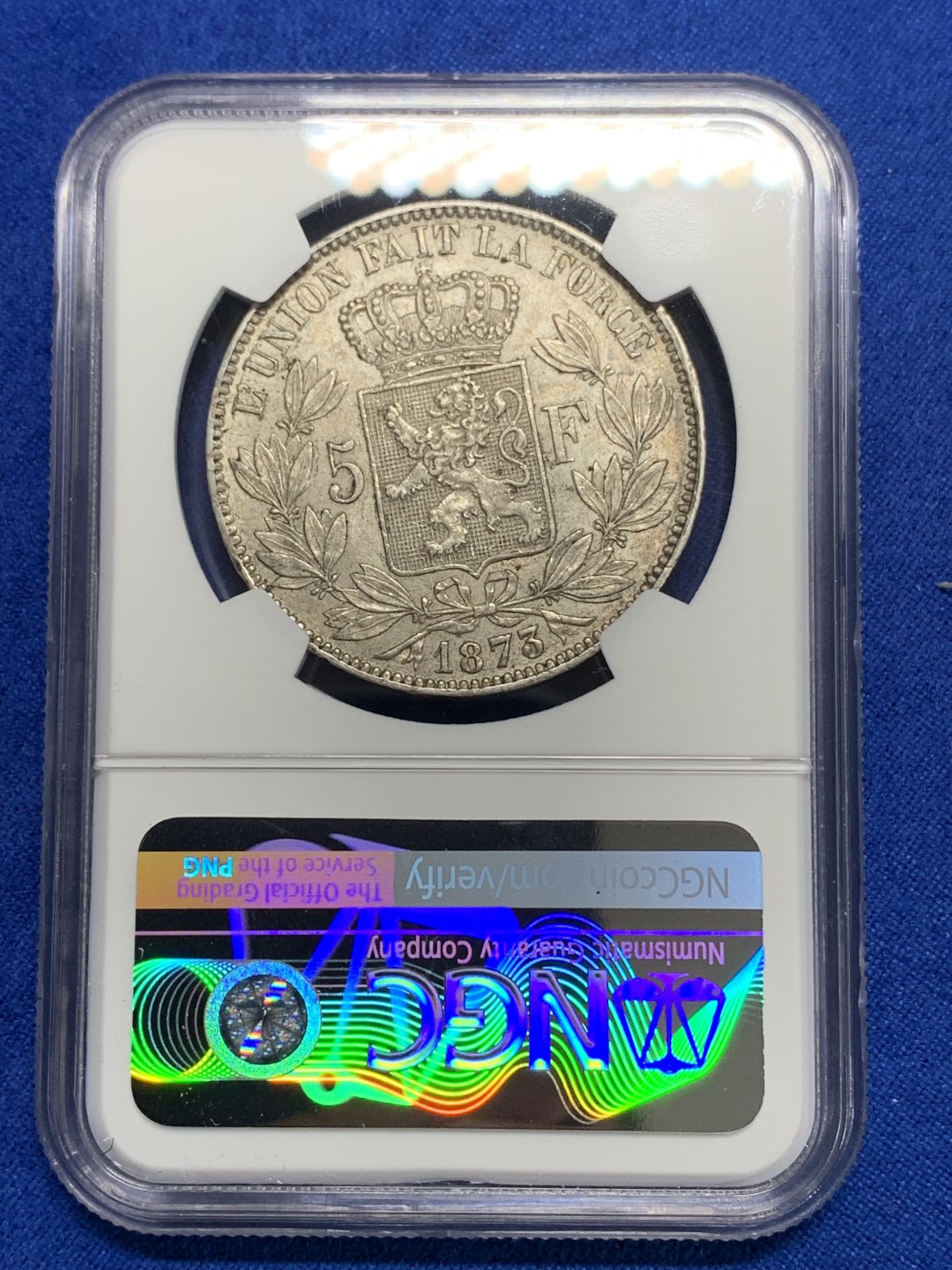 《竞宝斋》第150场-周日，周一，周四 3场 (全场包邮) NGC-AU58 比利时1873年 利奥波德二世 5法郎大银币 五彩包浆