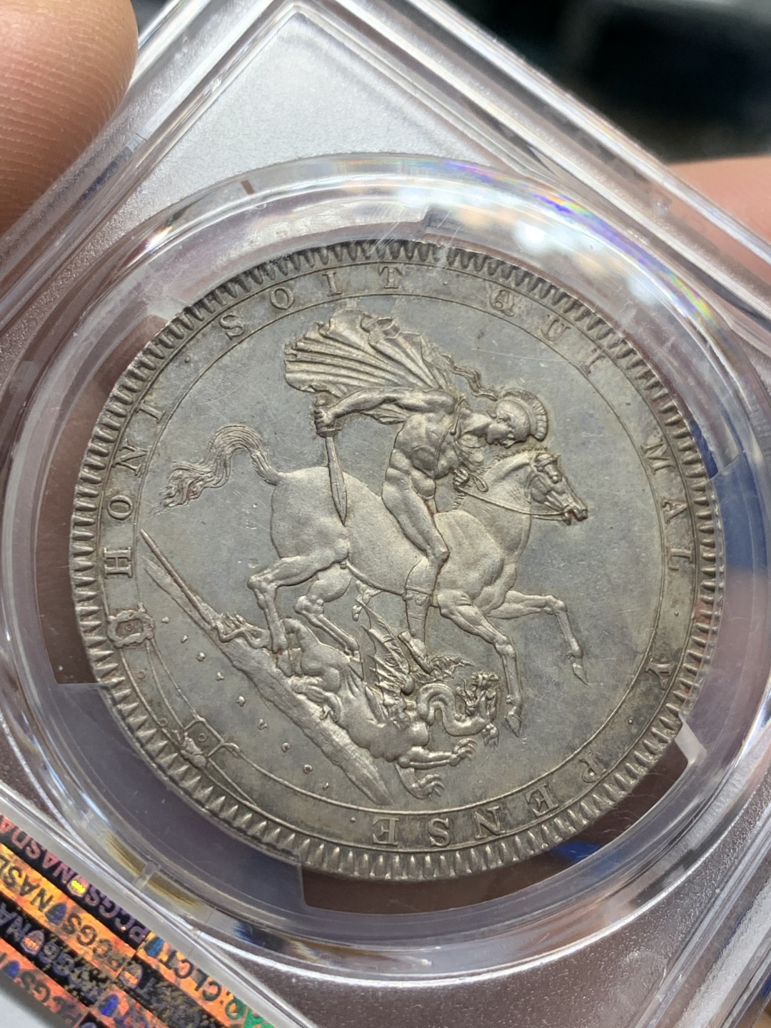《竞宝斋》第150场-周日，周一，周四 3场 (全场包邮) PCGS-MS64 英国1819 LIX边铭乔治三世马剑克朗银币，带灰色包浆，整版整洁，细节完整