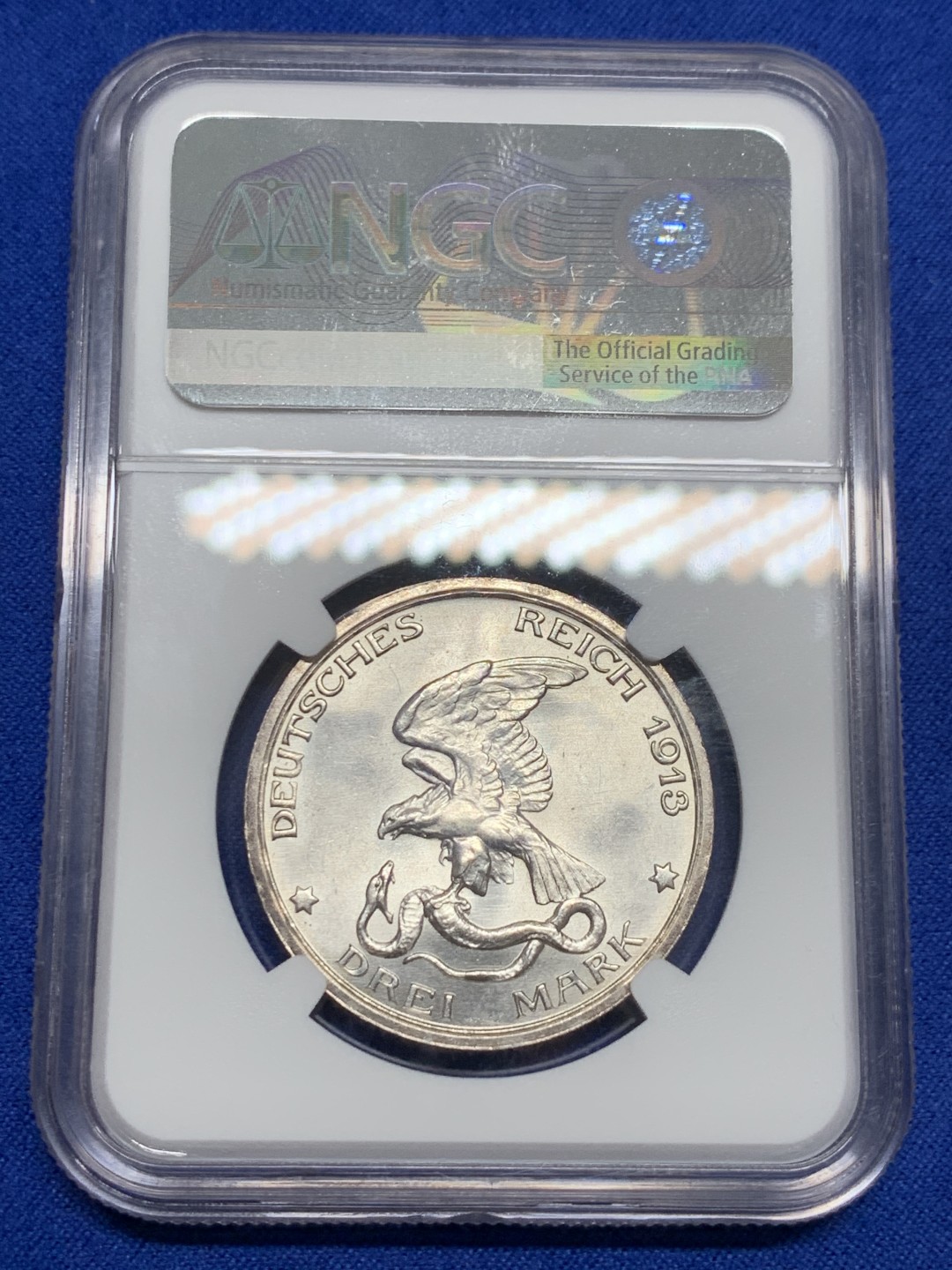 《竞宝斋》第150场-周日，周一，周四 3场 (全场包邮) NGC-MS63 德国1913年 普法战争纪念 3马克银币 顶级品相