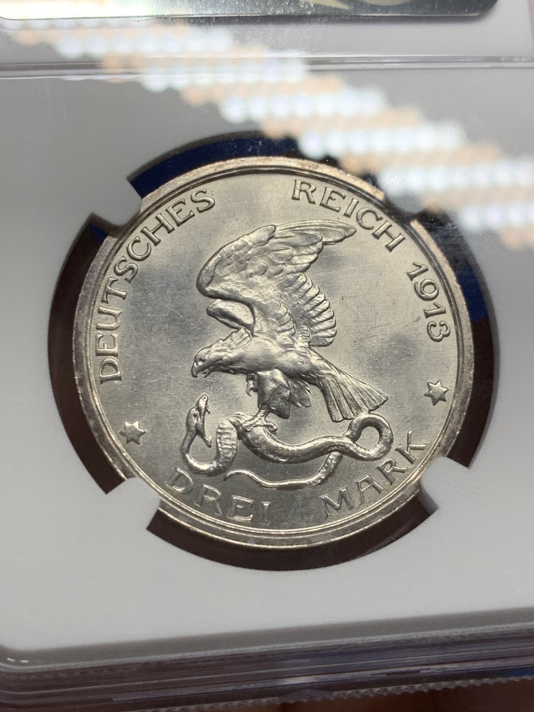 《竞宝斋》第150场-周日，周一，周四 3场 (全场包邮) NGC-MS63 德国1913年 普法战争纪念 3马克银币 顶级品相