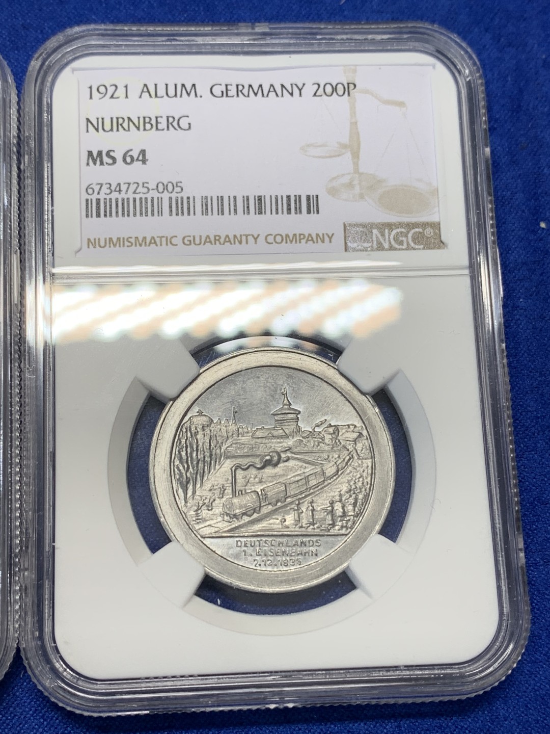 《竞宝斋》第150场-周日，周一，周四 3场 (全场包邮) NGC-MS62-64一套 德国1921年紧急状态货币纽伦堡电车铝币三枚一套，镜面底板，题材刻画生动鲜明