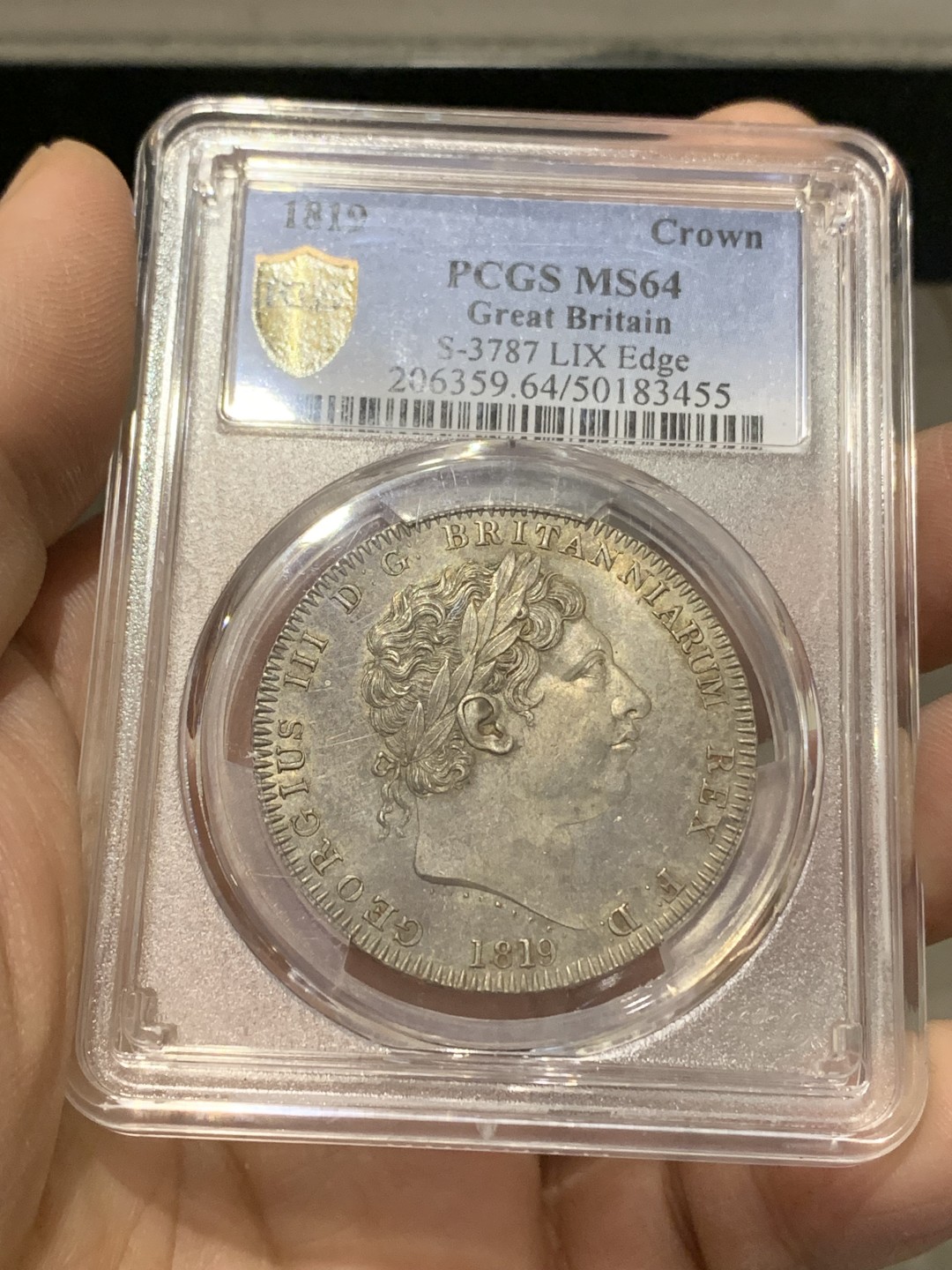 《竞宝斋》第150场-周日，周一，周四 3场 (全场包邮) PCGS-MS64 英国1819 LIX边铭乔治三世马剑克朗银币，带灰色包浆，整版整洁，细节完整