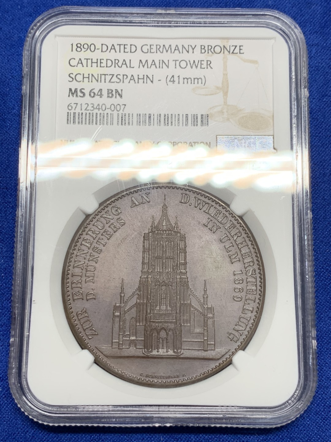 《竞宝斋》第150场-周日，周一，周四 3场 (全场包邮) NGC MS64 1890年德国乌尔姆大教堂纪念铜章 完美品相 巧克力包浆 十分迷人