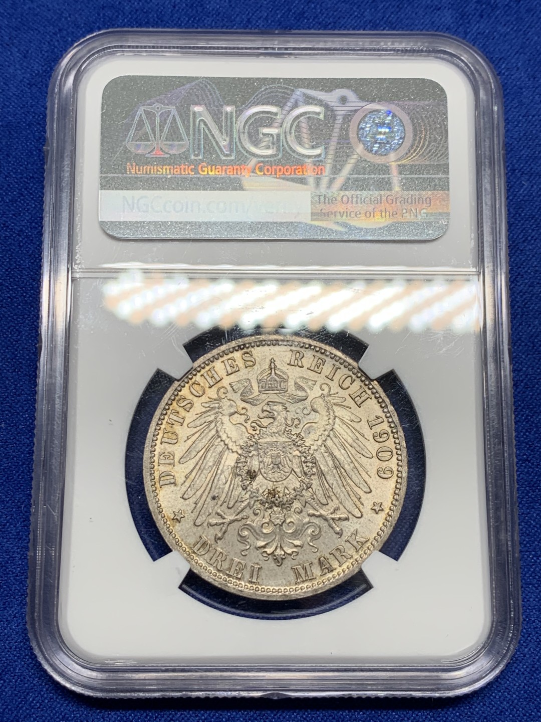 《竞宝斋》第150场-周日，周一，周四 3场 (全场包邮) NGC-MS63 德国 1909年 普鲁士威廉二世3马克银币，大头版。流通充分的版本 纸袋包浆 光度喜人