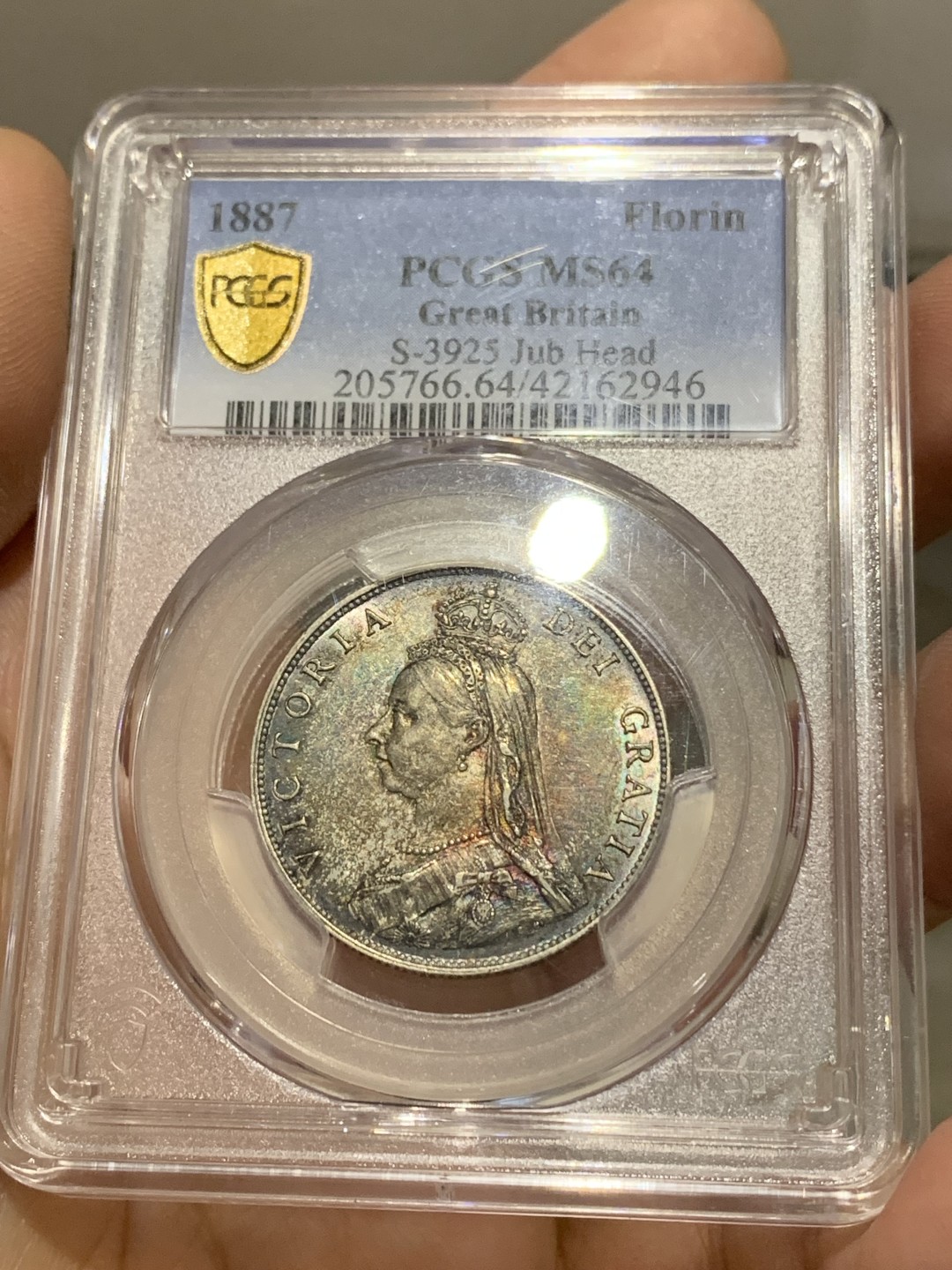 《竞宝斋》第150场-周日，周一，周四 3场 (全场包邮) PCGS MS64 英国 1887 维多利亚女王 1福林银币 炫彩包浆 地板好似星空 美丽