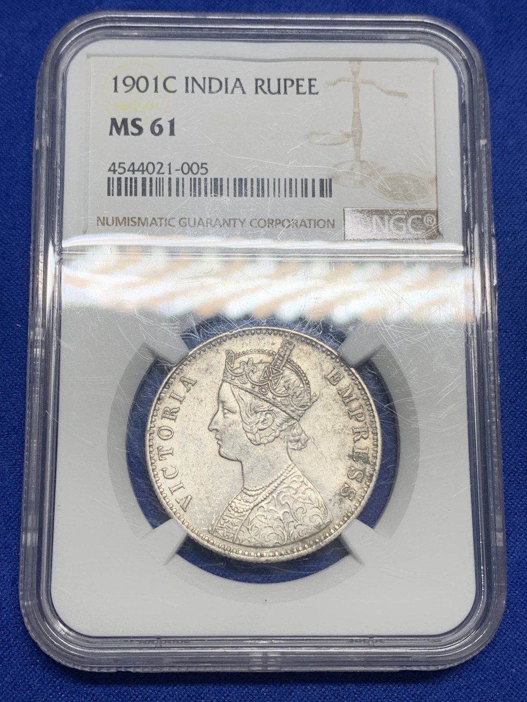 《竞宝斋》第150场-周日，周一，周四 3场 (全场包邮) NGC-MS61 英属印度 1901年 1卢比 银币 C厂发行量少于B厂 印度女皇维多利亚收官之年