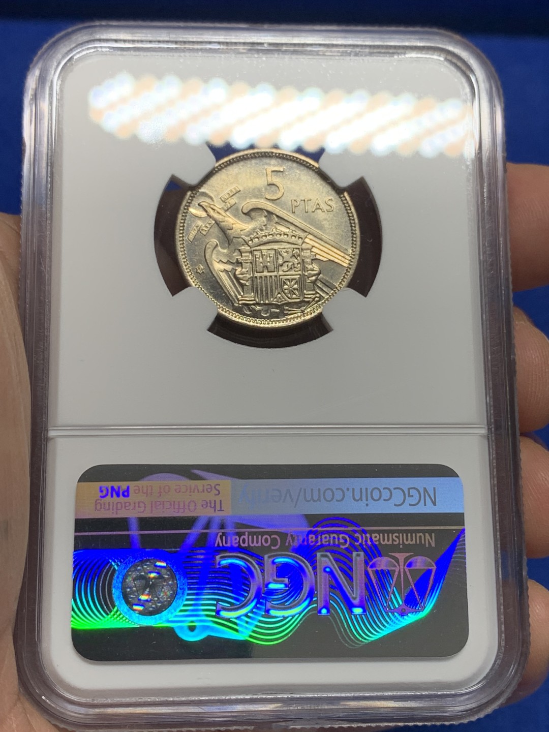 《竞宝斋》第150场-周日，周一，周四 3场 (全场包邮) NGC-MS64 西班牙1957年 佛朗哥5比塞塔 镍币