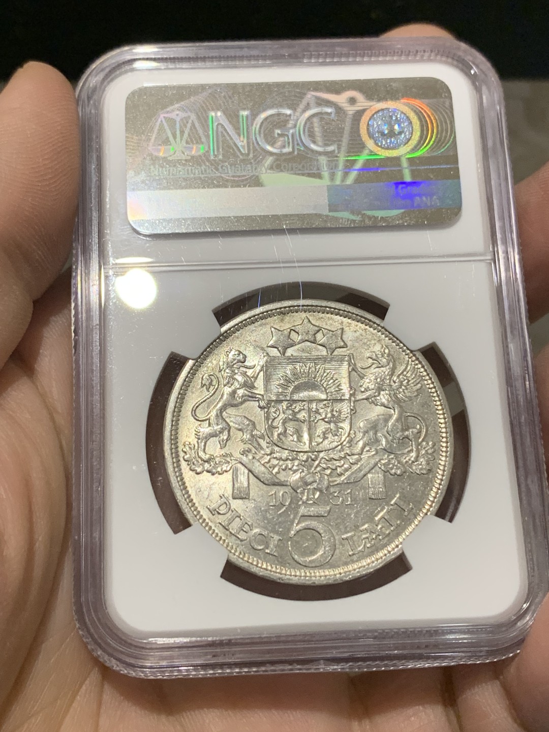 《竞宝斋》第150场-周日，周一，周四 3场 (全场包邮) NGC-MS62 拉脱维亚 1931年5拉特美女大银币 带点包浆 外拍热门品种 价格洼地