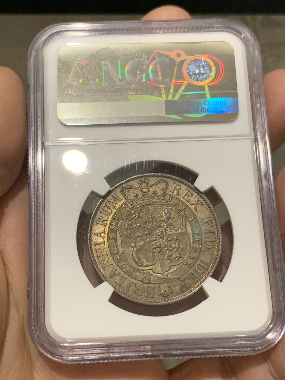 《竞宝斋》第150场-周日，周一，周四 3场 (全场包邮) NGC MS62 英国 1819 乔治三世半克朗 银币，小头版比牛头少，较少年份。英国CGS78分砸盒，不止62分状态，醇厚包浆，背面金彩