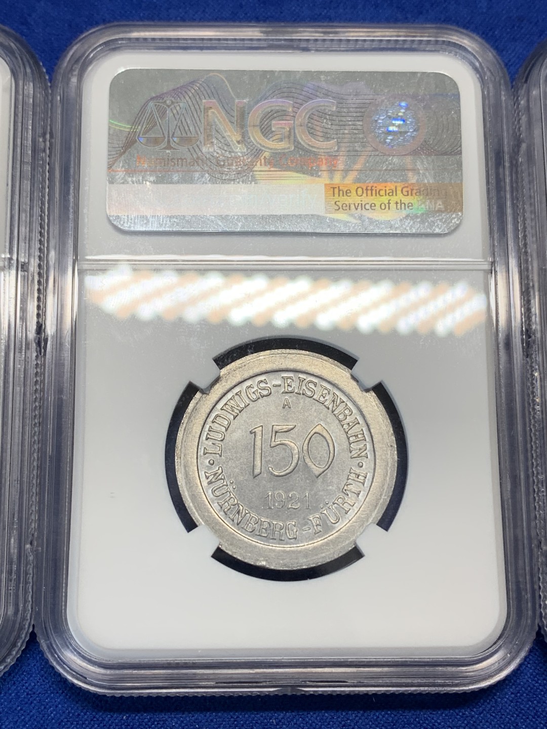 《竞宝斋》第150场-周日，周一，周四 3场 (全场包邮) NGC-MS62-64一套 德国1921年紧急状态货币纽伦堡电车铝币三枚一套，镜面底板，题材刻画生动鲜明