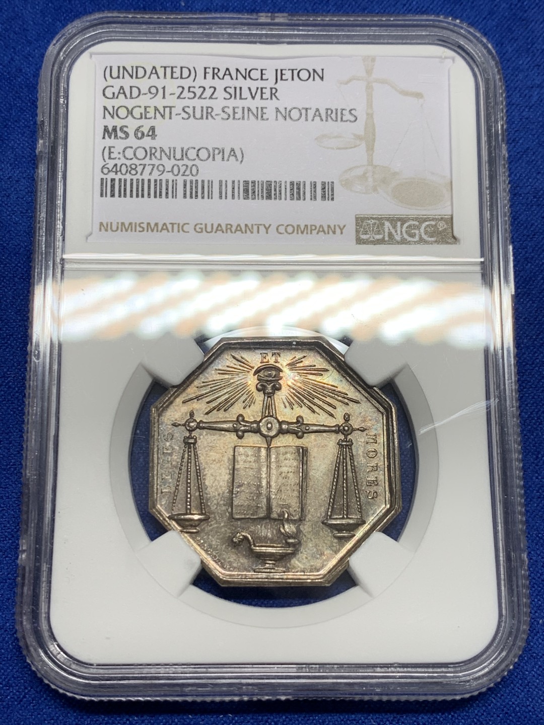 《竞宝斋》第150场-周日，周一，周四 3场 (全场包邮) NGC-MS64 法国十九世纪 天平八角 JETON 顶级品相 五彩包浆 非常漂亮