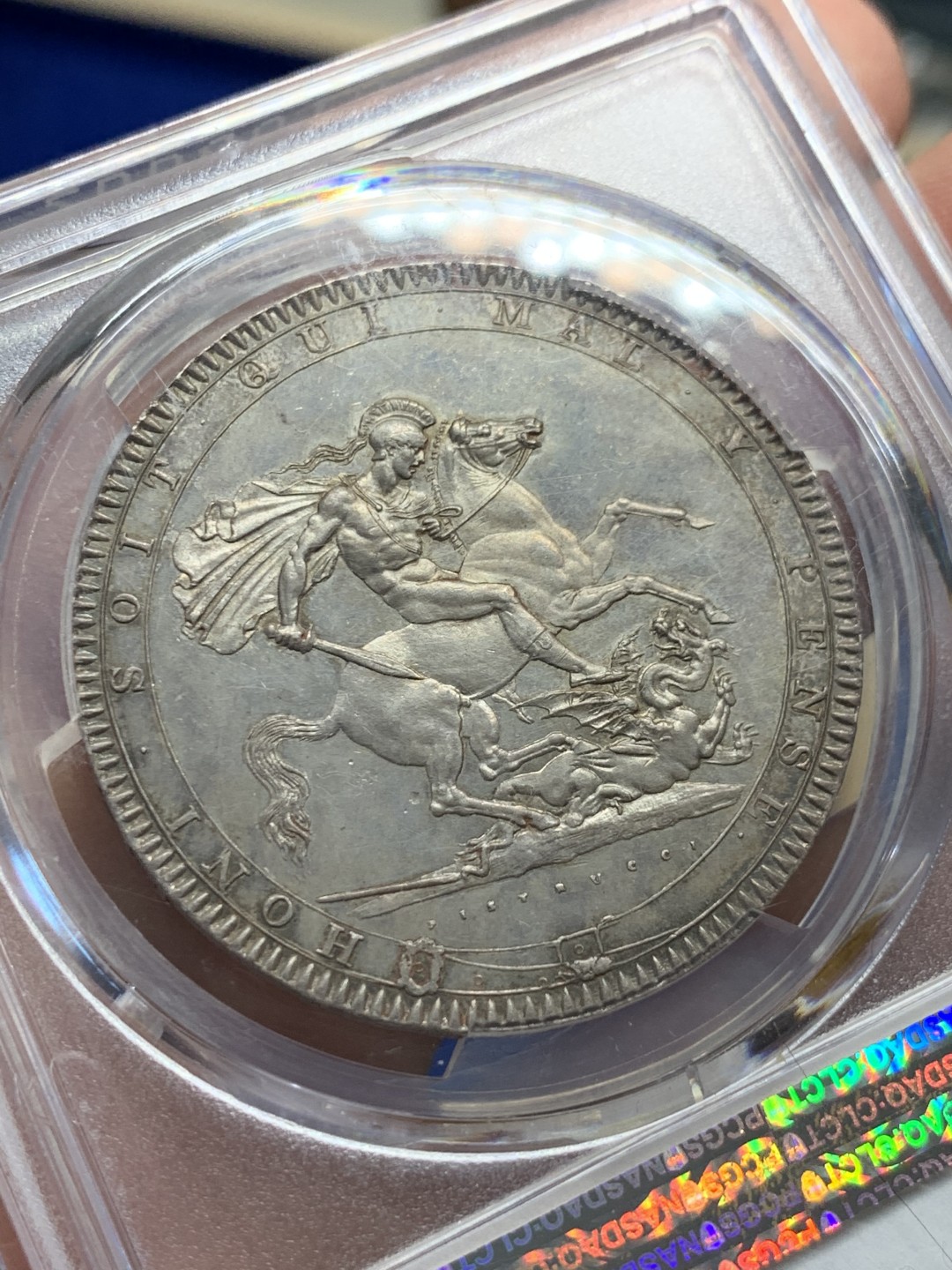 《竞宝斋》第150场-周日，周一，周四 3场 (全场包邮) PCGS-MS64 英国1819 LIX边铭乔治三世马剑克朗银币，带灰色包浆，整版整洁，细节完整