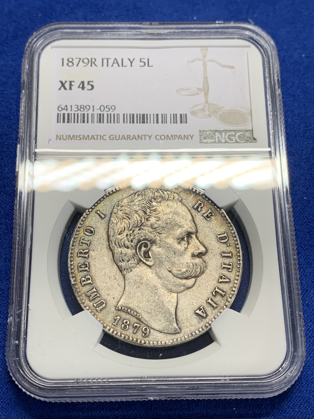 《竞宝斋》第150场-周日，周一，周四 3场 (全场包邮) NGC-XF45 意大利1879年 翁贝托5里拉大银币 原味老包浆