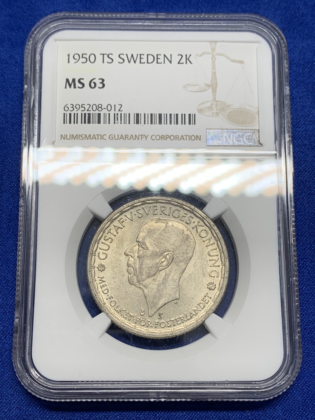 《竞宝斋》第150场-周日，周一，周四 3场 (全场包邮) NGC MS63 1950年瑞典古斯塔夫五世2克朗银币，在世最后一年，关门币